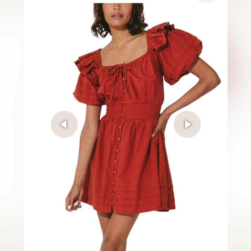 Cleobella Rust-Red Mini Dress with Puff Shoulders